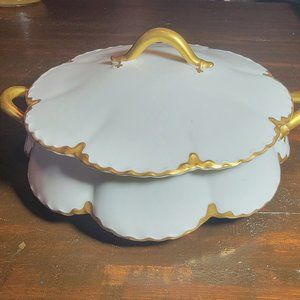 haviland limoges round covered dish with gold trim.